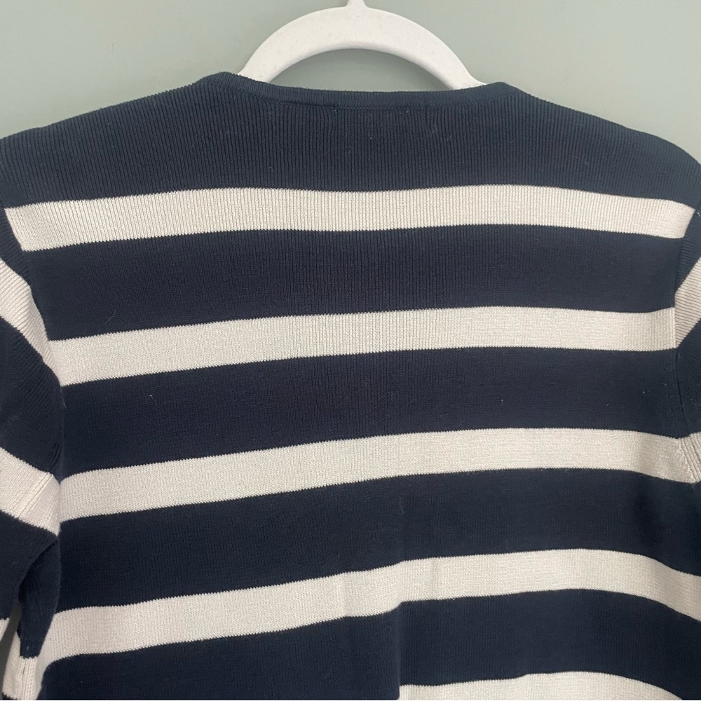 Liz Claiborne Cropped Navy Blue White Striped Nautical Inspired Button Cardigan - Picture 8 of 11